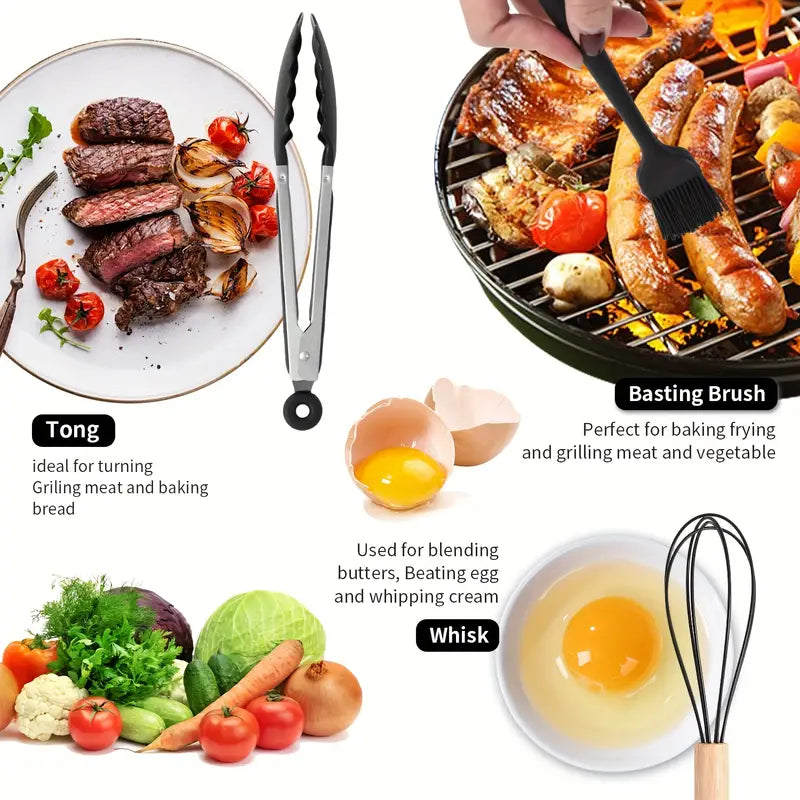 44pcs Silicone Kitchen Utensil Set with Non-Stick Wooden Handles