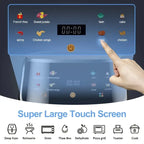 Super large touch screen air fryer with icons for cooking various foods like French fries and chicken wings.
