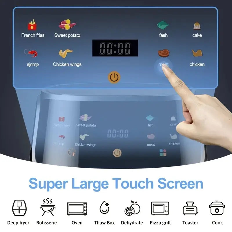 Super large touch screen air fryer with icons for cooking various foods like French fries and chicken wings.