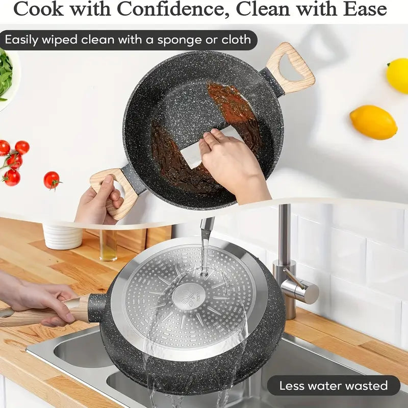 Nonstick Cookware Set 12pcs - Black Granite Induction Compatible