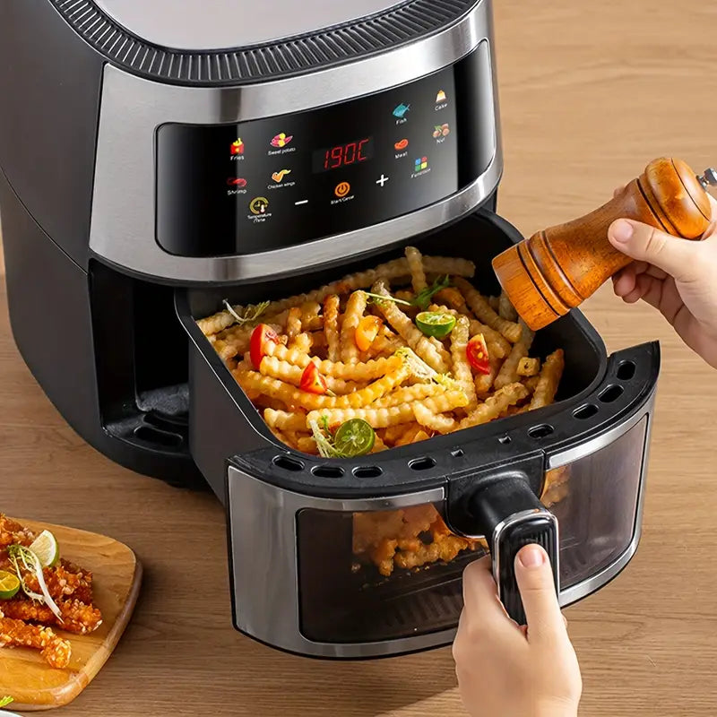Cooking crispy fries in a 6L Air Fryer with digital controls, featuring transparent basket and fresh ingredients.