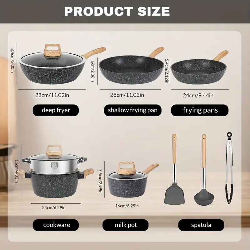 Nonstick Cookware Set 12pcs - Black Granite Induction Compatible