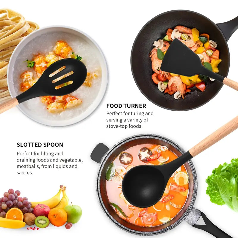 44pcs Silicone Kitchen Utensil Set with Non-Stick Wooden Handles