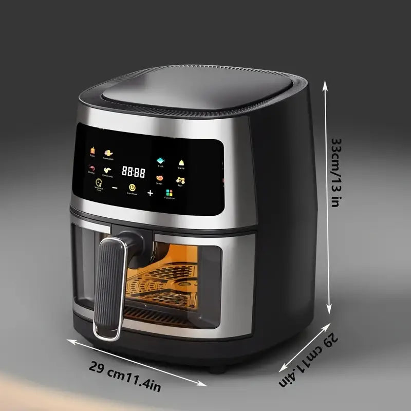 6L stainless steel air fryer with LED display, measuring 33cm x 29cm, ideal for cooking healthy meals.