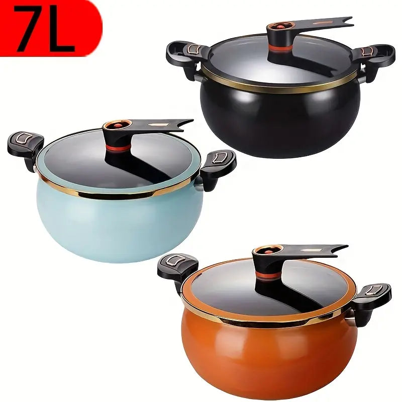 7L Iron Stock Pot with Glass Lid - Large Capacity Dual Handle Cooking Pot