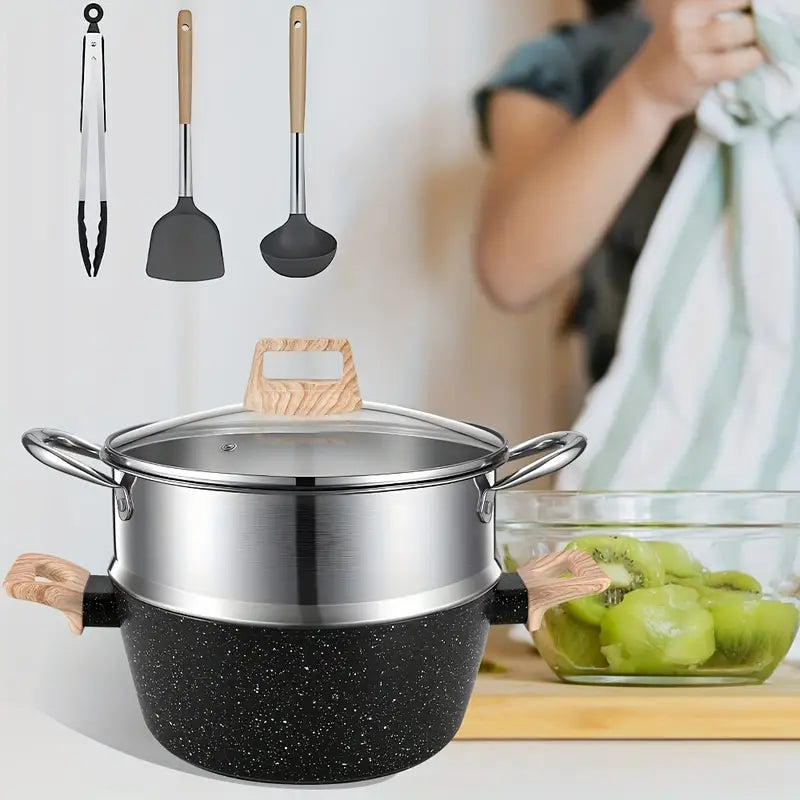 Nonstick Cookware Set 12pcs - Black Granite Induction Compatible