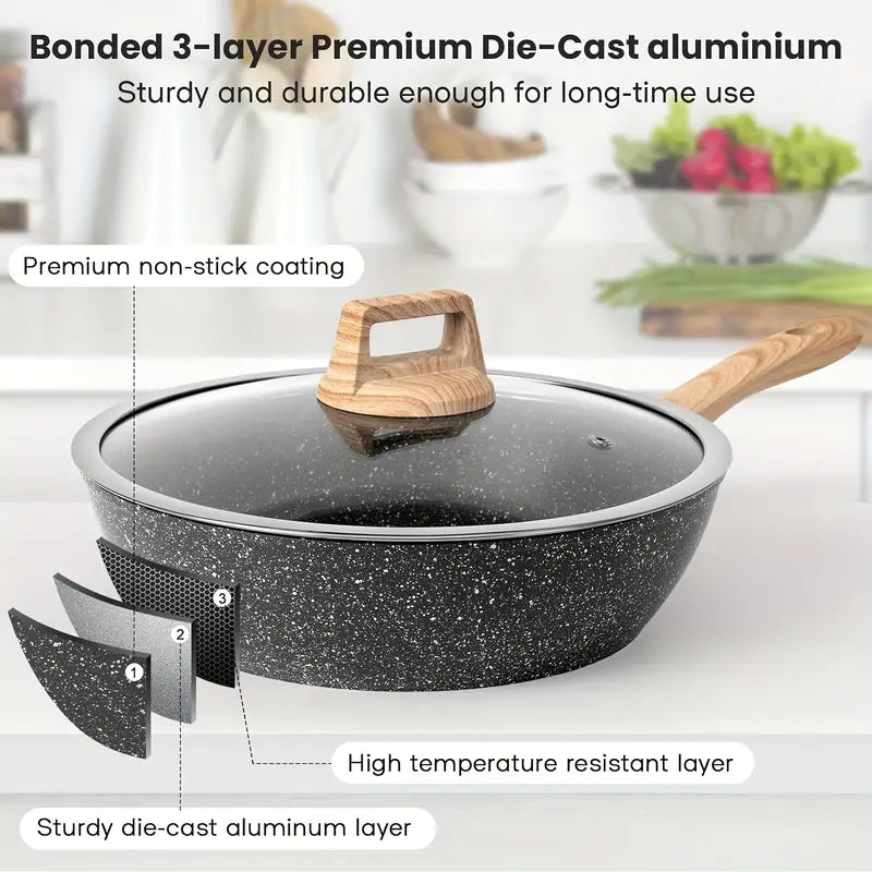 Nonstick Cookware Set 12pcs - Black Granite Induction Compatible