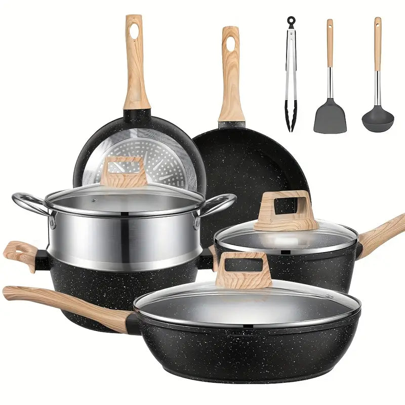 Nonstick Cookware Set 12pcs - Black Granite Induction Compatible