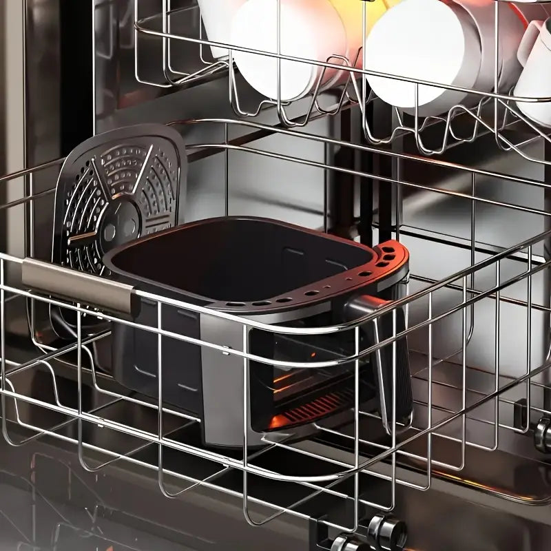 Interior view of a 6L air fryer's detachable basket inside a dishwasher for easy cleaning.