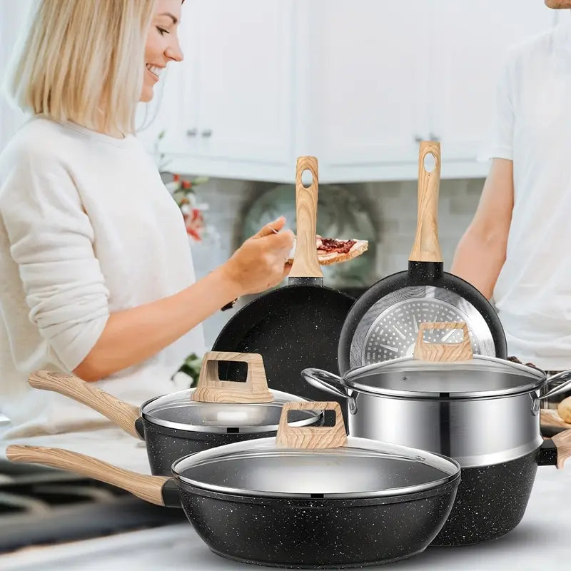 Nonstick Cookware Set 12pcs - Black Granite Induction Compatible