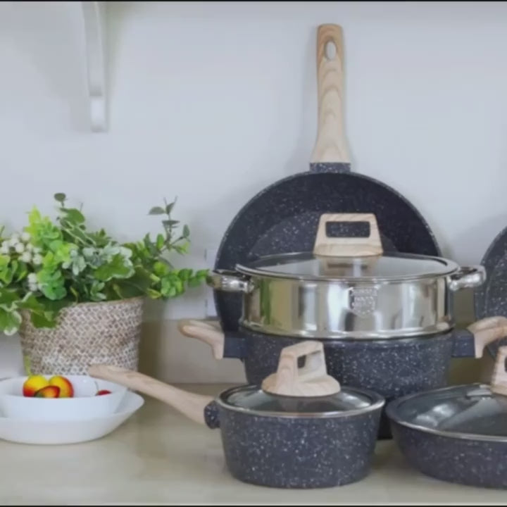 Nonstick Cookware Set 12pcs - Black Granite Induction Compatible